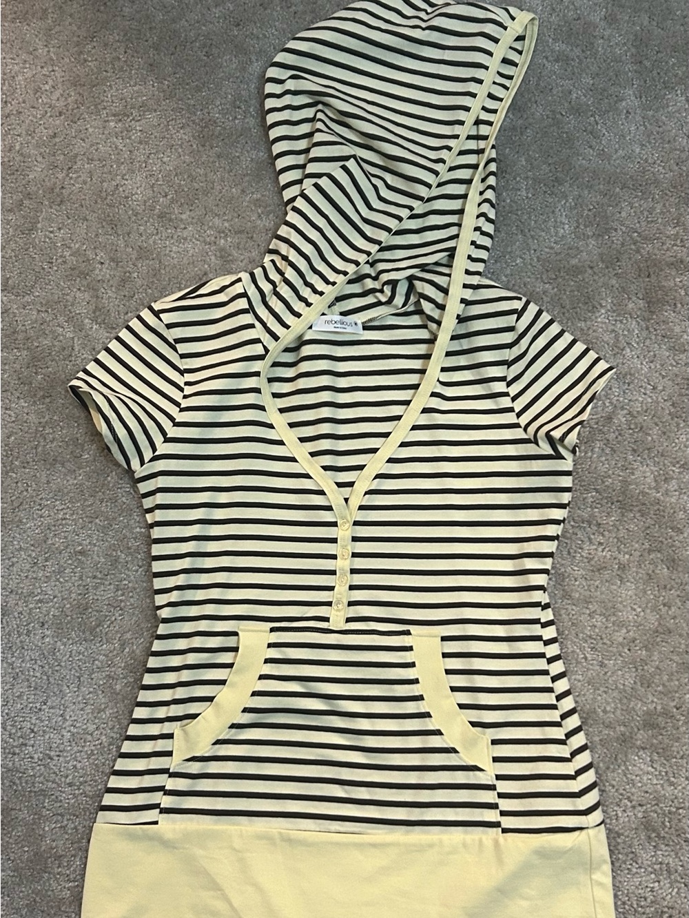 Striped Yellow and Black Hooded Short-Sleeve Top